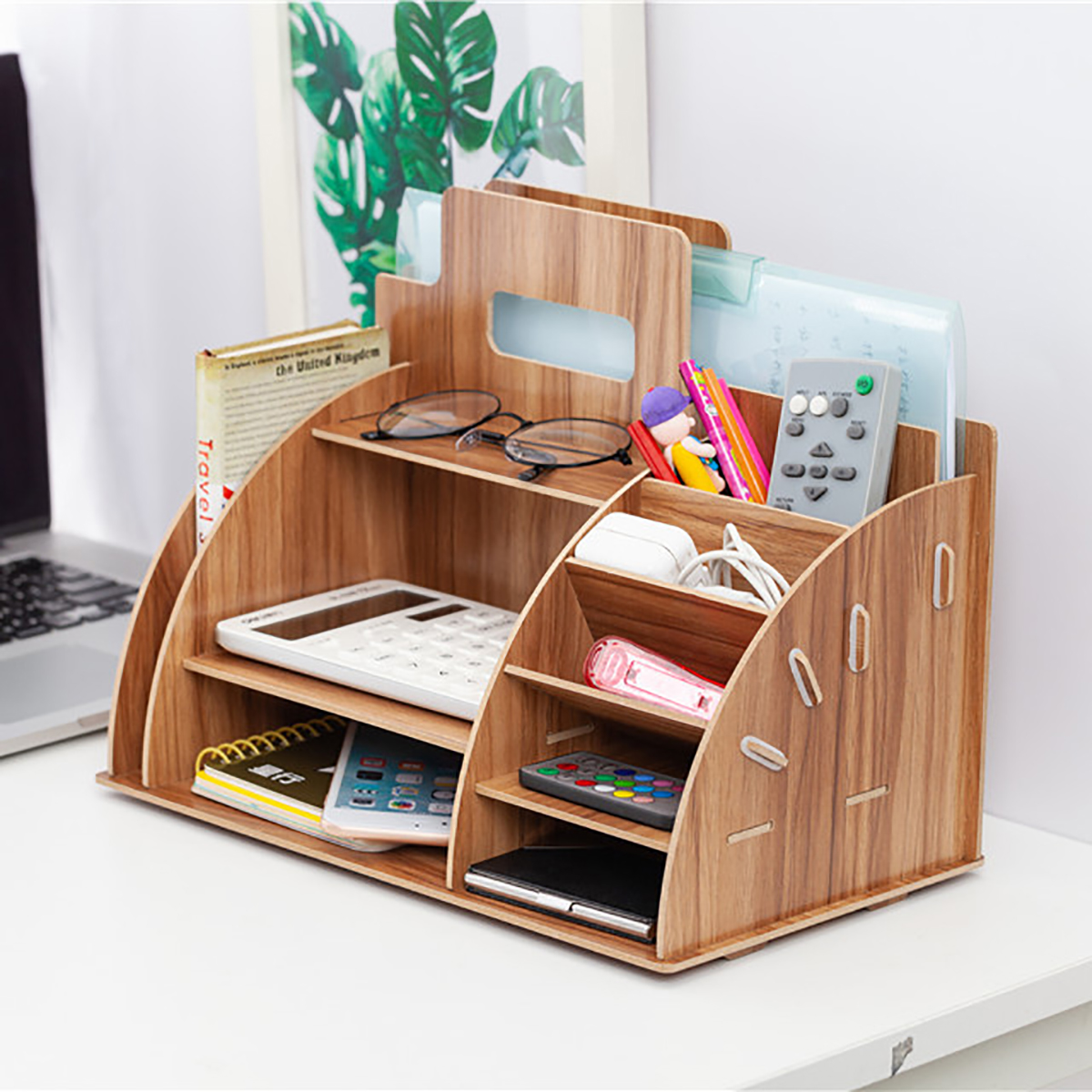 Retro Wood Business Card Holder Case Office Home Desk 3 Layer Storage Box 