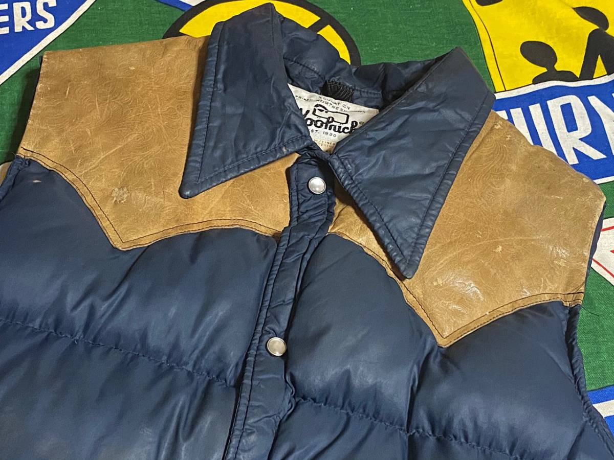 ★激レアな型押しレザーヨークの1着★Made in USA製アメリカ製WOOLRICHウールリッチビンテージダウンベスト70s70年代ネイビー×キャメルL位