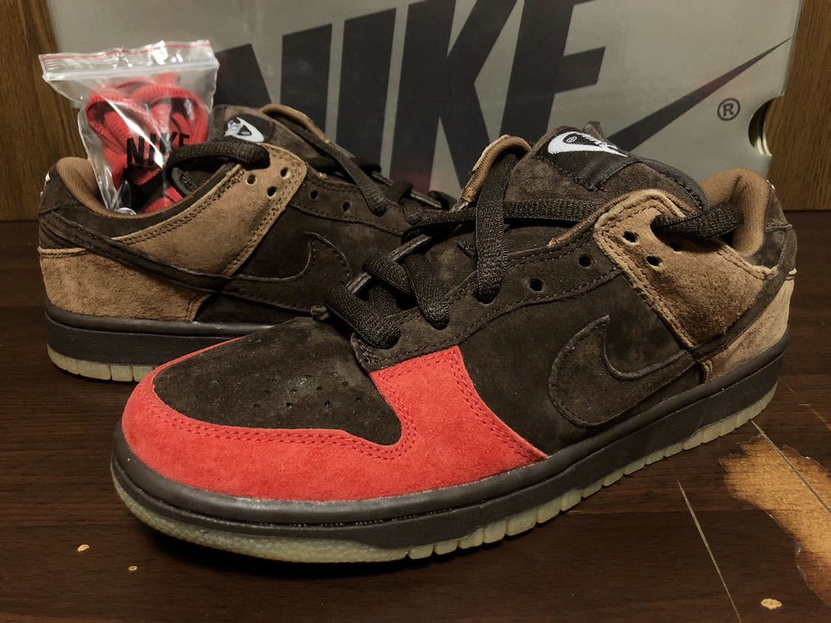 03年製 NIKE DUNK LOW PRO SB ナイキ ダンク プロ SWOOSH【304292-226】BISON バイソン RED TOE つま赤 ホマレ 赤×茶 US6.5