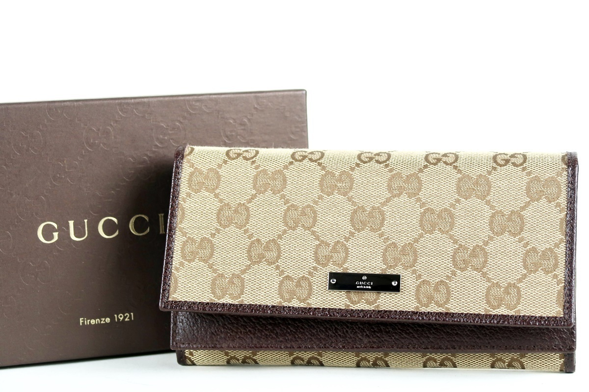 【新品同様・未使用】GUCCI グッチ 二つ折り長財布 GGキャンバス レザー ブラウン系 131888・2149【HS23】