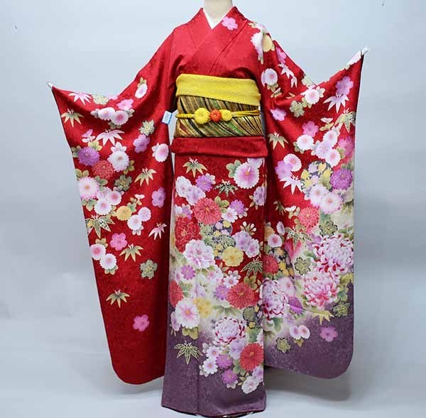 振袖 正絹 着物 単品 仕立て上がり 百花繚乱 菊 牡丹 花刺繍 赤色 成人式 結納 結婚式 新品（株）安田屋 NO36681