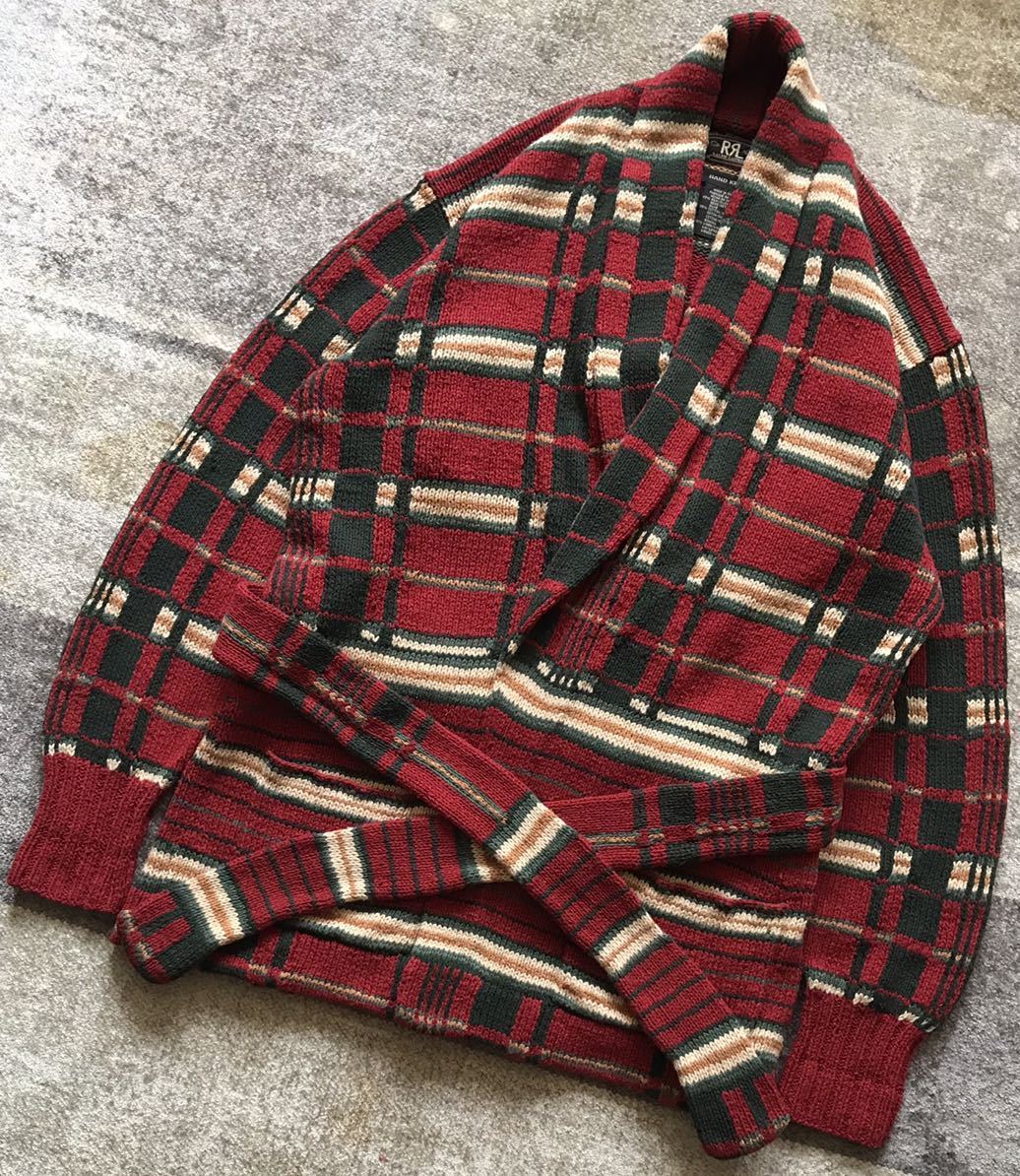 初期の名作 三ツ星タグ 90's vintage ★ RRL RALPH LAUREN ★ ダブルアール ラルフローレン チェック柄 ニット ガウン カーディガン M
