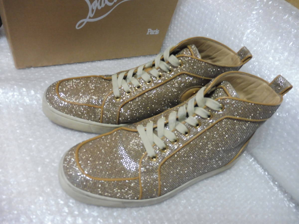 美品箱付 Christian Louboutin ハイカット スニーカー ゴールドラメ 42 クリスチャン ルブタン 日本正規品