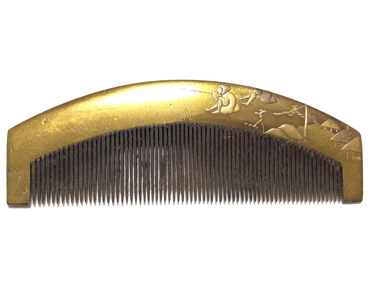アンティーク 木製 金蒔絵 17.6g 作家物 釣り風景文 櫛