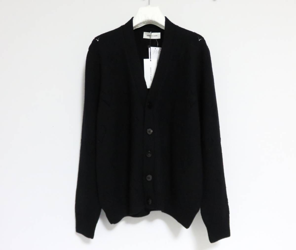 定価5.8万 ERNEST W. BAKER Hearts knit cardigan ブラック S 46 メリノウール アーネスト ダブル ベイカー ハート ニット カーディガン