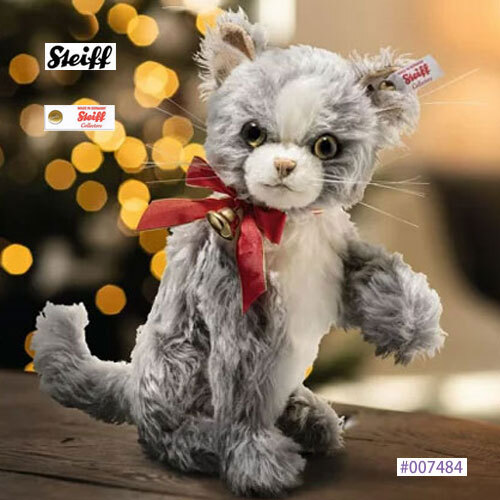 ★即納！新品 Steiff #007484 ネコのニキ（クリスマス）、モヘア、グレー・ホワイト、23cm、世界限定-1225体★