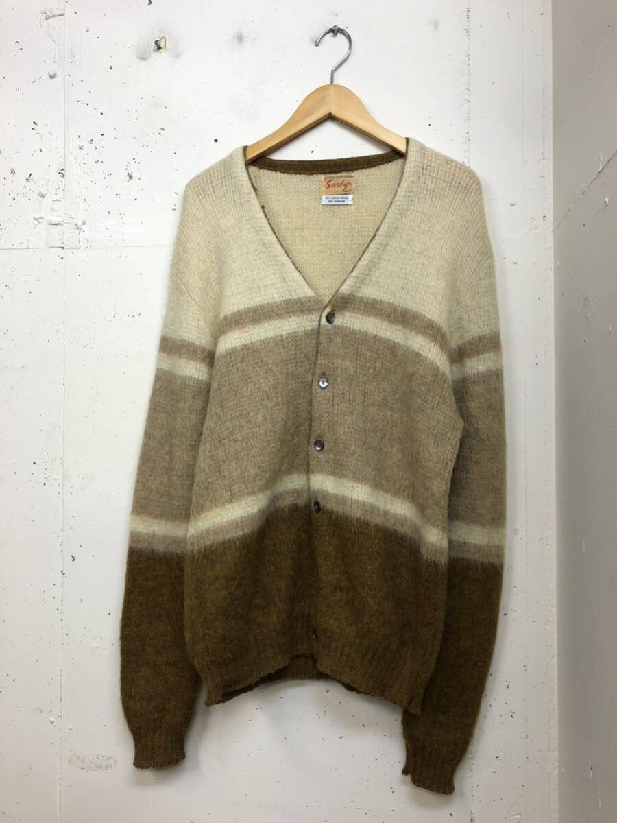 60s sarly USA古着モヘア ニット カーディガン ベージュ　茶　ボーダー　Lぐらい ビンテージ　60年代