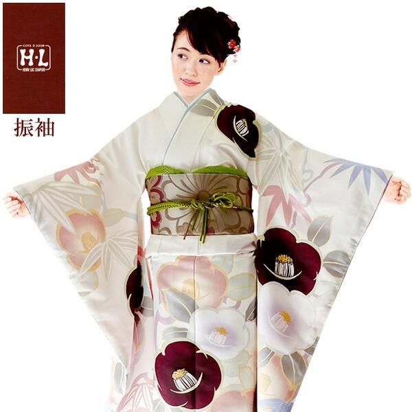 【H.L 洗える振袖着物 220・E】着物・袋帯・襦袢セット（ダスティカラー 生成 花柄）成人式 結婚式 入学卒業式【E】