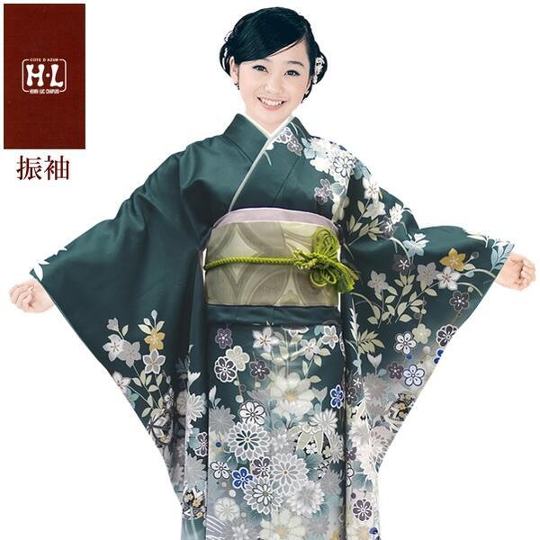 【H.L 洗える振袖着物 211・F】着物・袋帯・襦袢セット（ダスティカラー 深緑 花柄）成人式 結婚式 入学卒業式【E】