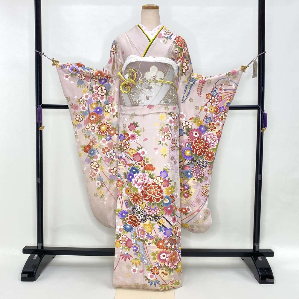 振袖フルセット 裄66cm 身丈167cm 振袖 帯 帯揚げ 帯締め 淡い ベージュ M サイズ 2705