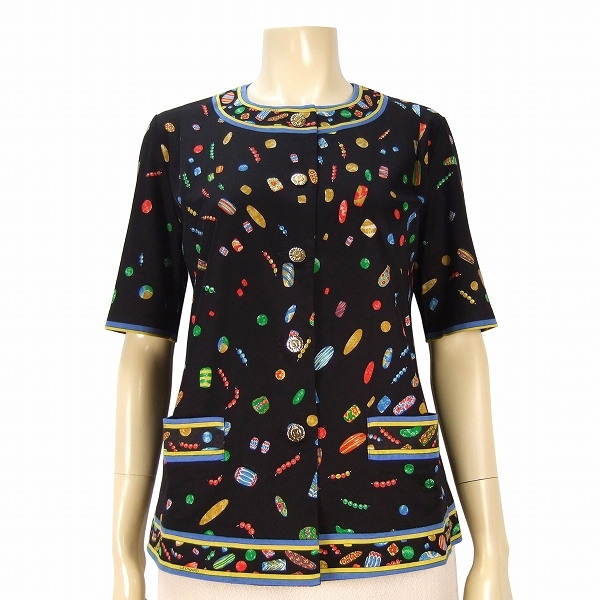 H 新品同様★LEONARD FASHION PARIS レオナール ファッション★艶黒*綺麗ビジュー柄*女優半袖ジャケット(カーディガン)★M(38*9号相当)