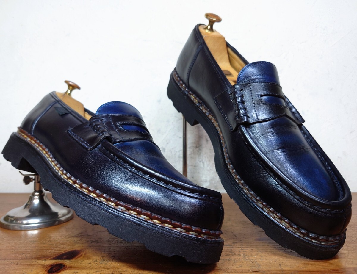 【美品/送料無料】2012年 FRANCE製 Paraboot/パラブーツ REIMS ランス コインローファー UK81/2 27-27.5cm相応 青 黒 ネイビー/ミカエル