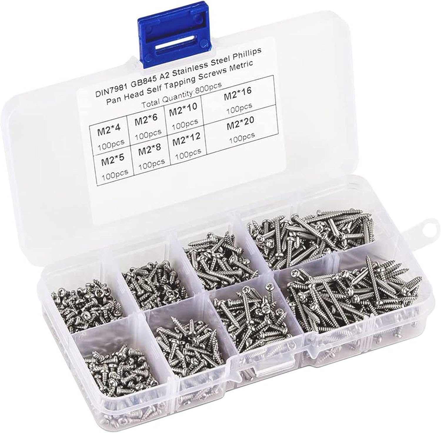 800 Pcs Stainless Steel Self Tapping Screw Assortment Kit Lock Nut Wood Thre M2 