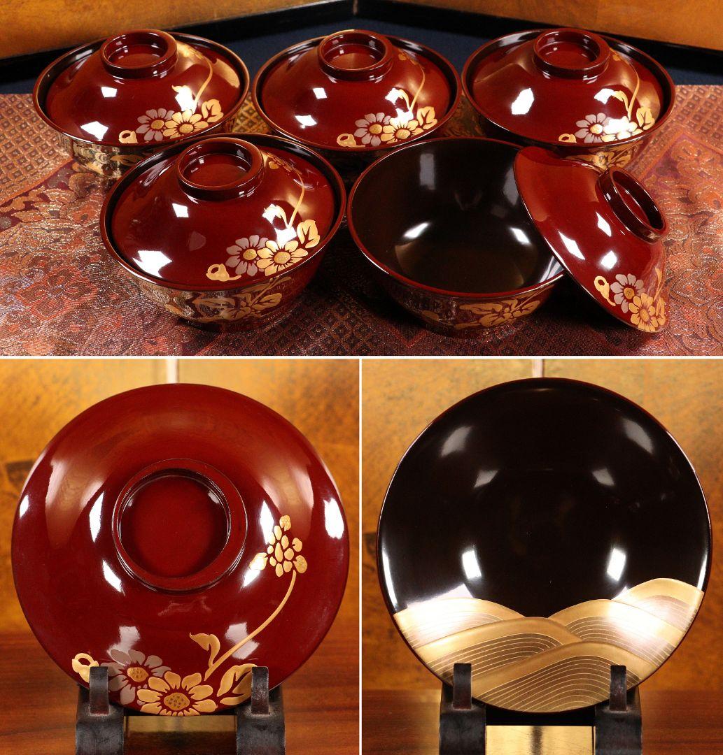 CE78 輪島塗 古代朱塗汁椀五客 野菊波金銀蒔絵 内黒塗 木製漆器 /草花懐石