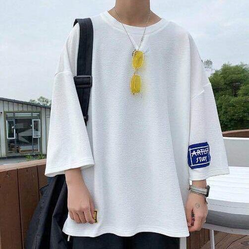 ビッグシルエット■オーバーサイズ Tシャツ ワッペン 7分袖■ホワイト/L