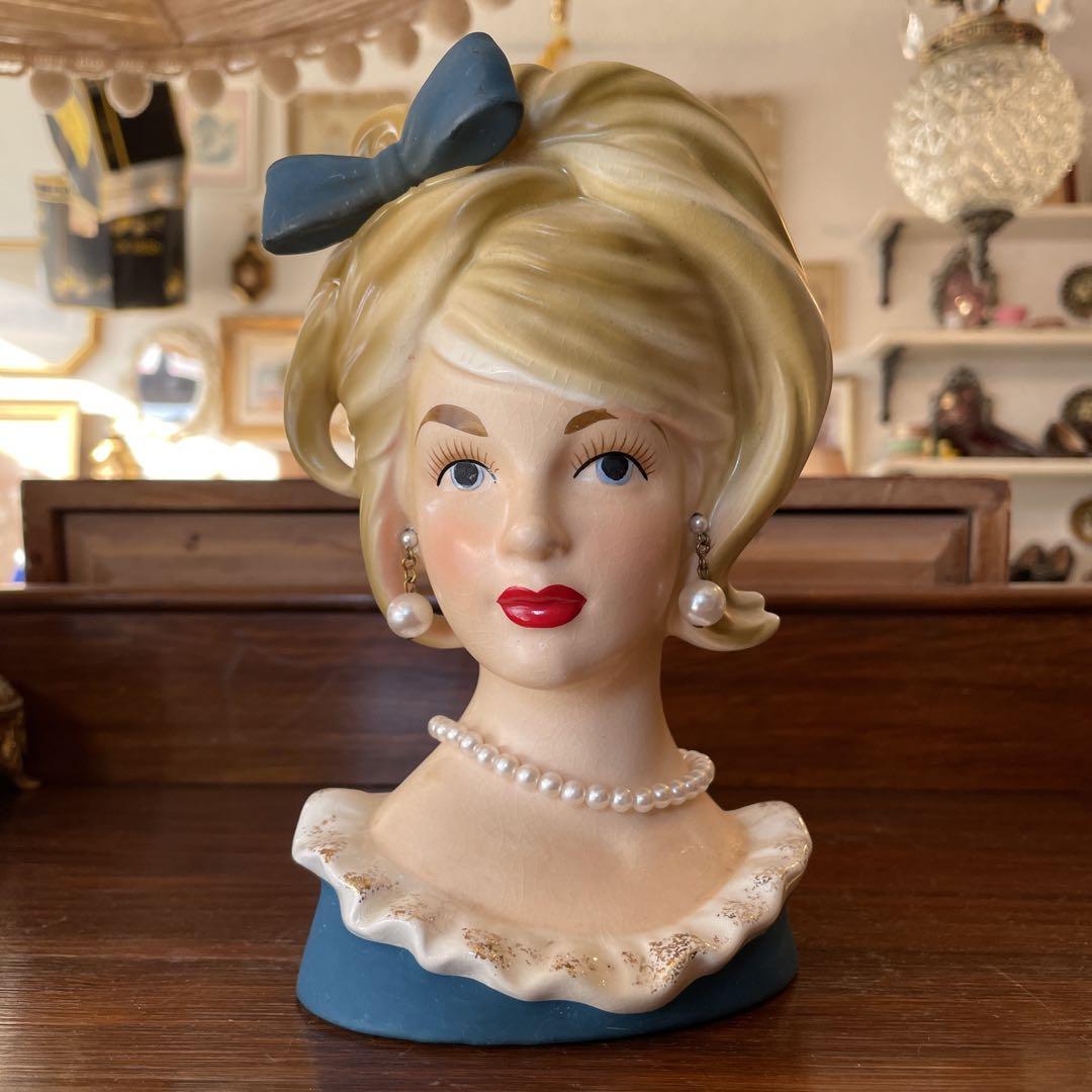 希少品Big！50's〜西洋女性の陶器花瓶アメリカアンティーク ヴィンテージ雑貨