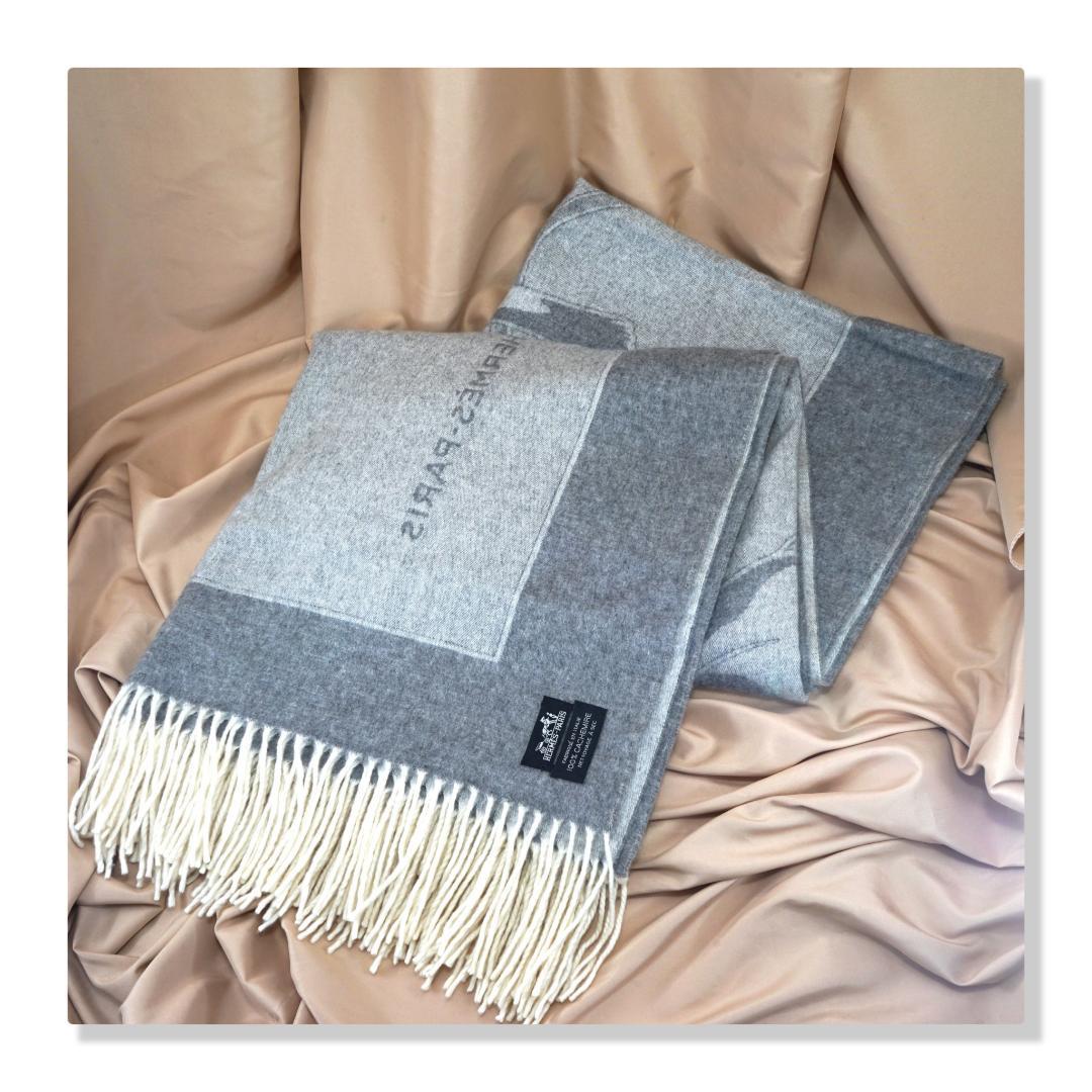 【美品】HERMES エルメス　大判　ストール　ブランケット　カシミア　馬柄