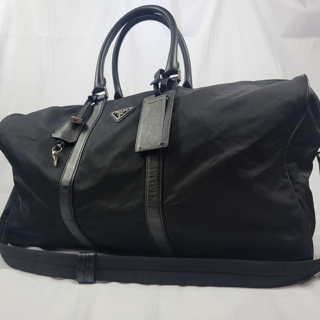 美品 プラダ 2way ボストンバッグ 三角プレート 南京錠 パスケース 黒