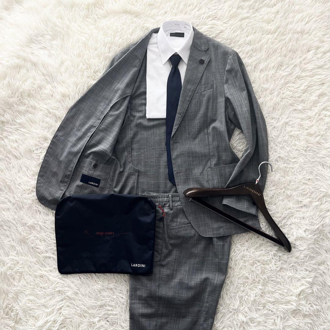 <美品>LARDINI easy wear グレー ウールスーツ ポーチ付 50