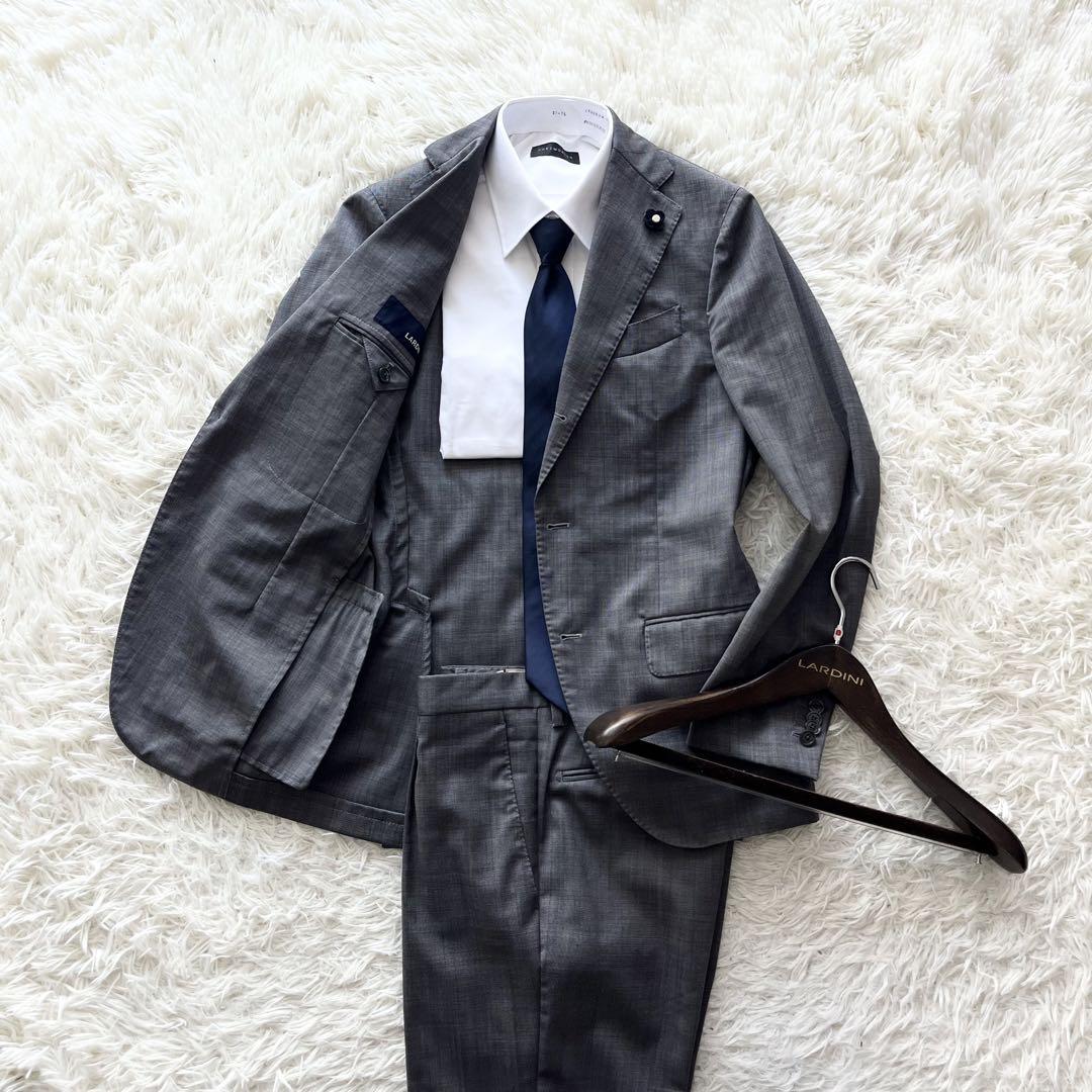 <極美品>LARDINI 新ロゴ グレー ウール スーツ ブートニエール 42