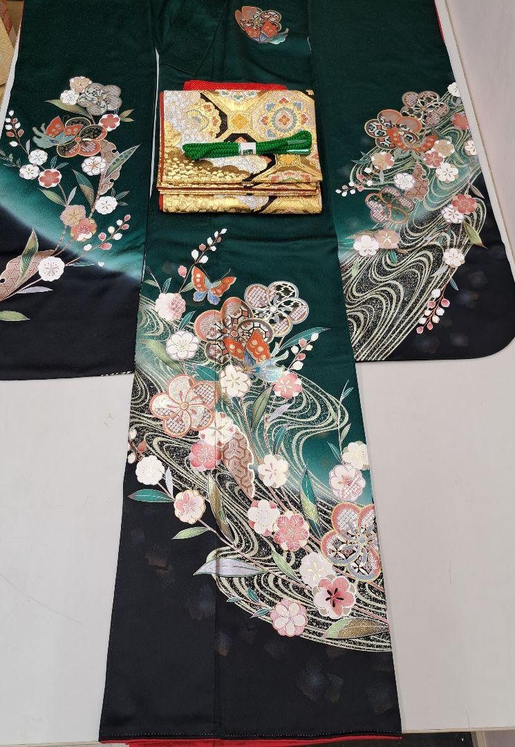 R9-10★最高級★正絹★着物振り袖&蜀江文様の袋帯&帯揚げ+帯締めセット