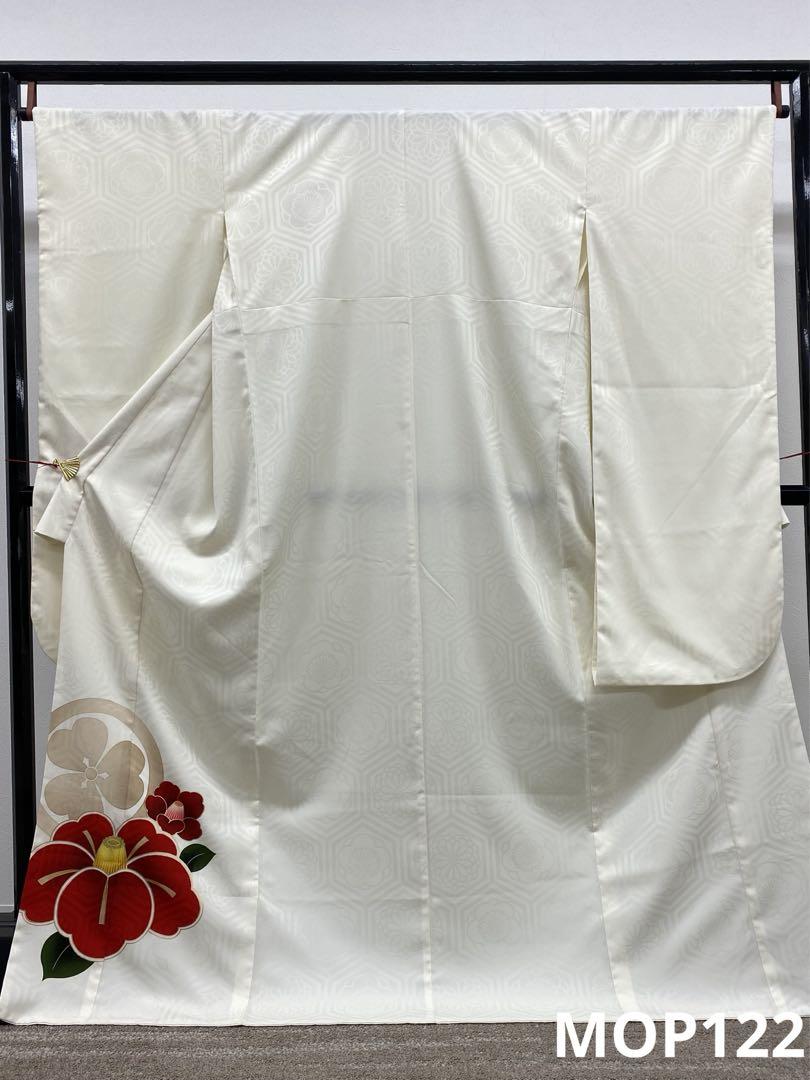 ポリエステル振袖 豪華 金彩 紋意匠 椿 家紋 身丈172cm 撥水加工済