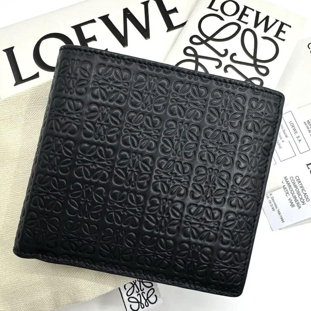 美品　付属品完備✨ ロエべ　二つ折り財布　リピートアナグラム　レザー　ブラック