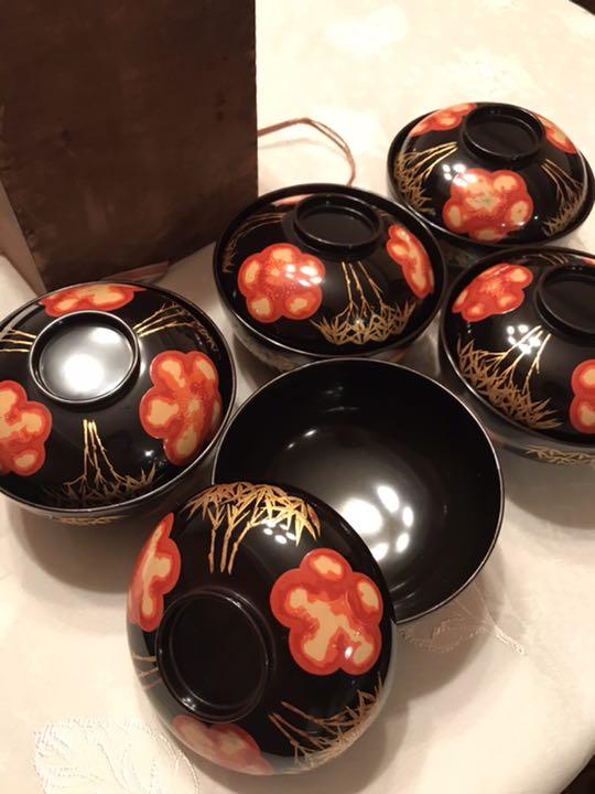 東京日本橋木屋漆器店　骨董品　漆器　縁起物　竹梅　大正〜昭和時代のお碗5客