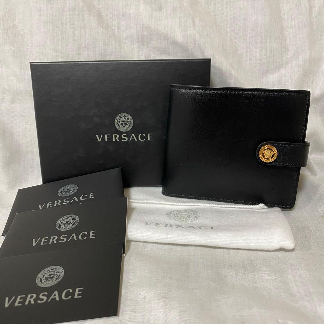 新品 本物 正規品 VERSACE メンズ レザー 二つ折り 財布 黒 ゴールド