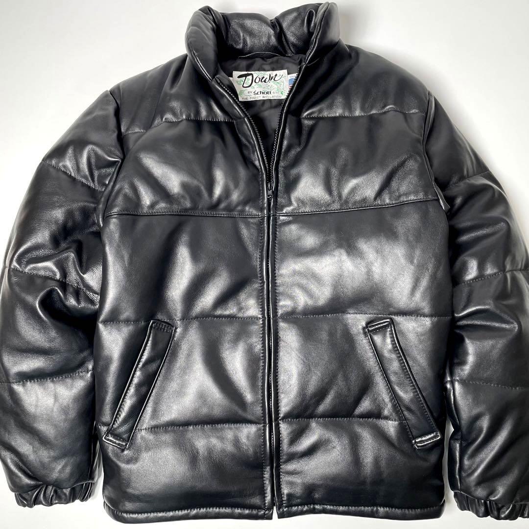 【米国製】Schott レザー ダウンジャケット 黒 34 レザージャケット