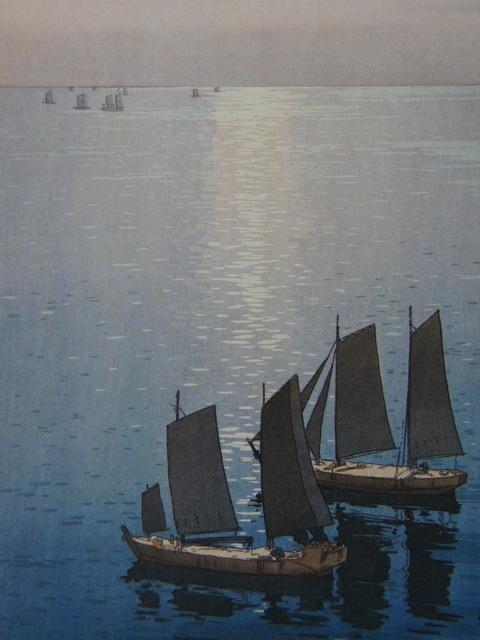 吉田博、【光る海】、希少画集画、状態良好、新品額 額装付