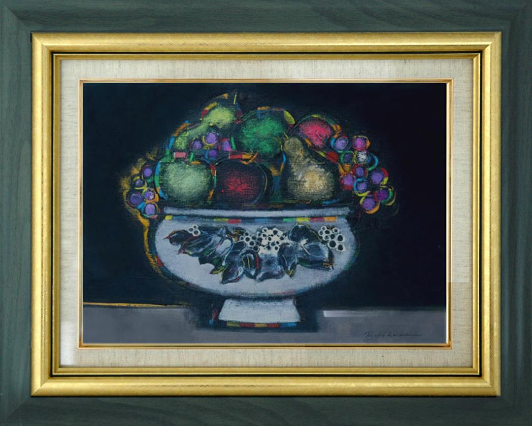 メルカリ絵画　絵 額付( 青緑＋金色の枠 )油絵 uF6-062004 静物果物