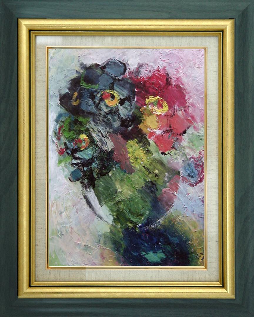 メルカリ 絵画　絵  額付( 青緑＋金色の枠 )油絵 uF6-111302  花
