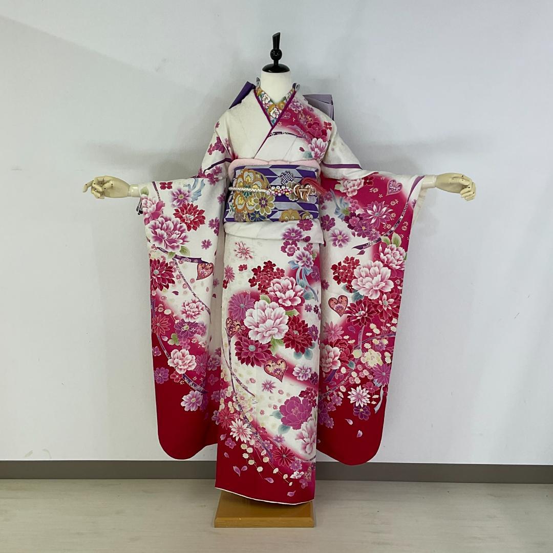 美品　正絹お振袖　7点フルセット　Mサイズ　白×ローズピンク