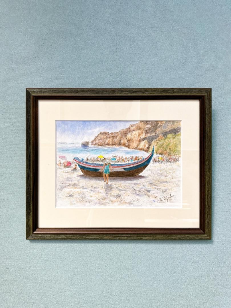 藤阪登 『船と海水浴(サザレ海岸)』 4F 水彩画 水彩額 絵画 インテリア