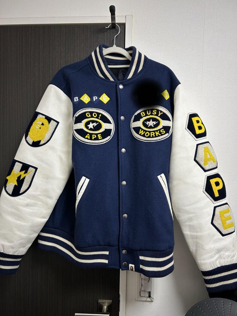 激安XL！BAPEナンバリングレザースタジャン青