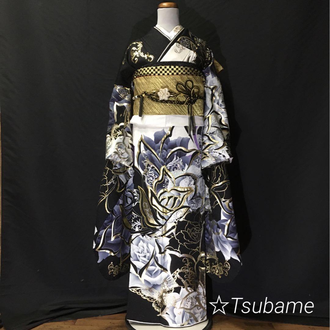 【お着物単品】逸品　ラインストーン　金駒刺繍　金彩　薔薇　振袖　やまと誂製