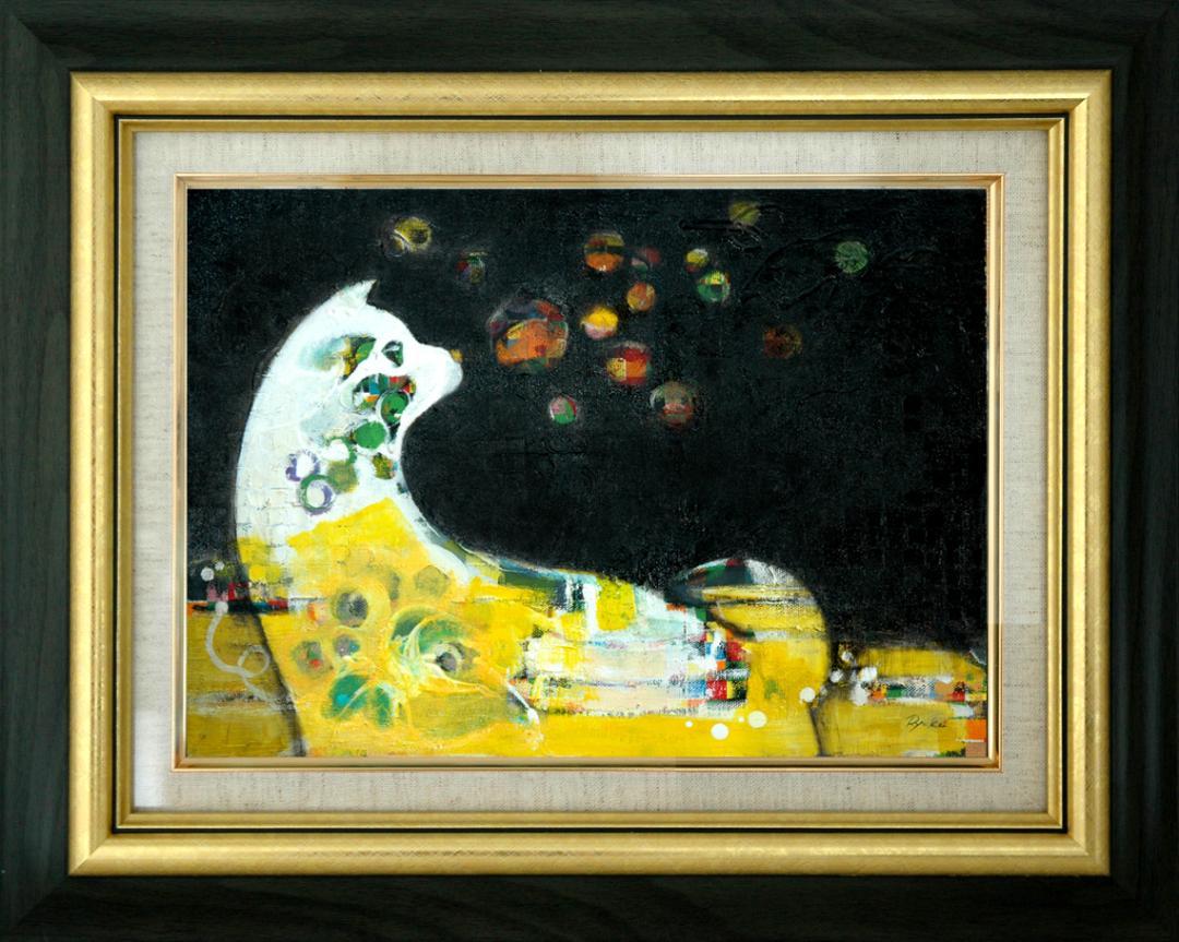 メルカリ絵画　絵 額付（青緑＋金色の枠）油絵　uF6-050720　可愛い子犬