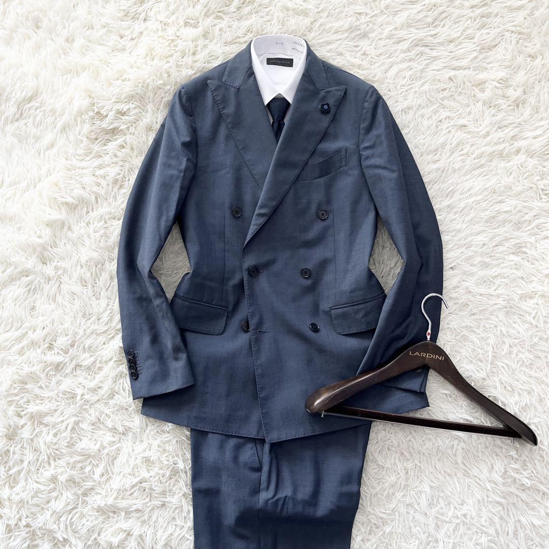 <美品>LARDINI ブルー ウール ダブルスーツ ブートニエール サイズ46