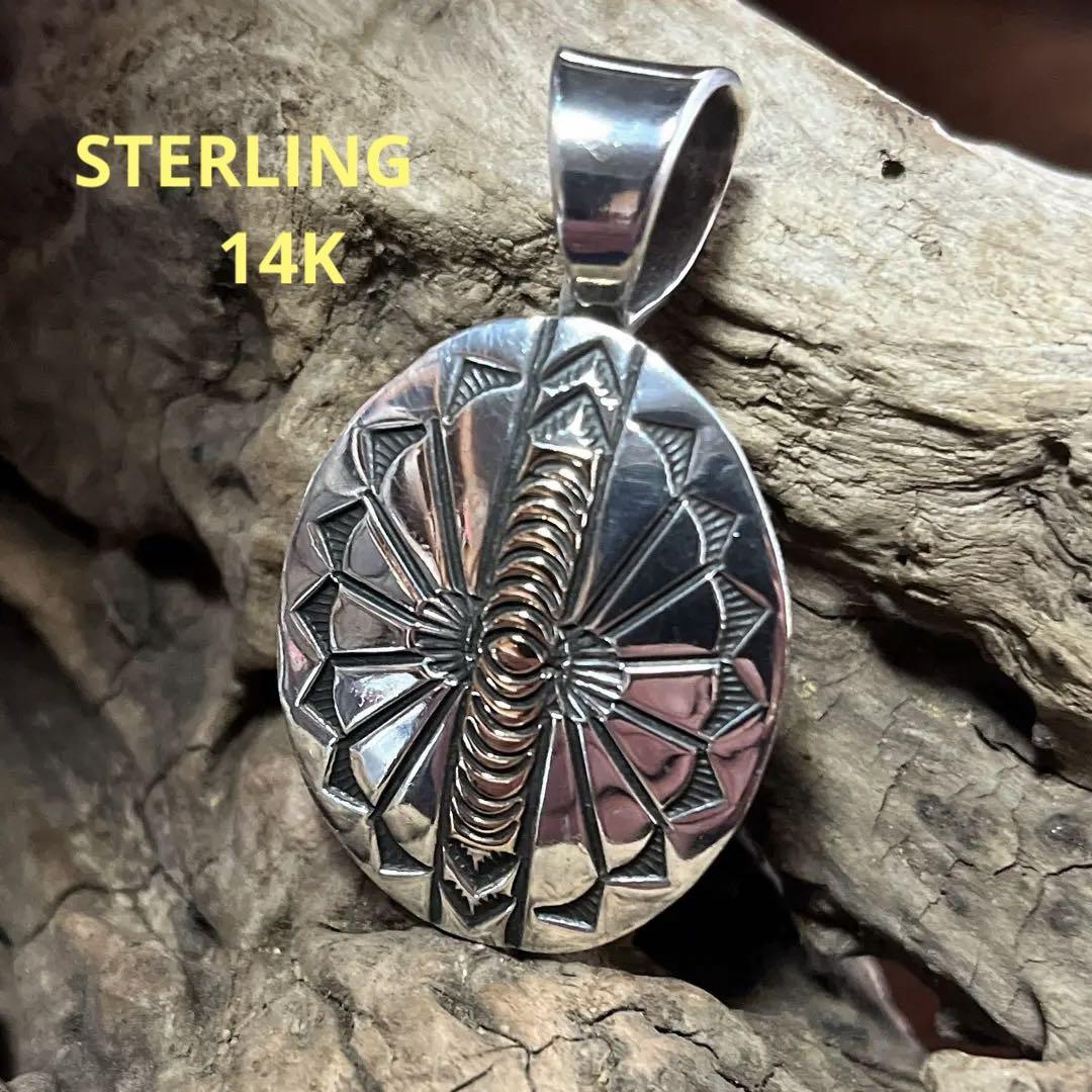 ナバホ　インディアンジュエリー　ペンダントトップ　スタンプワーク　14金　14K