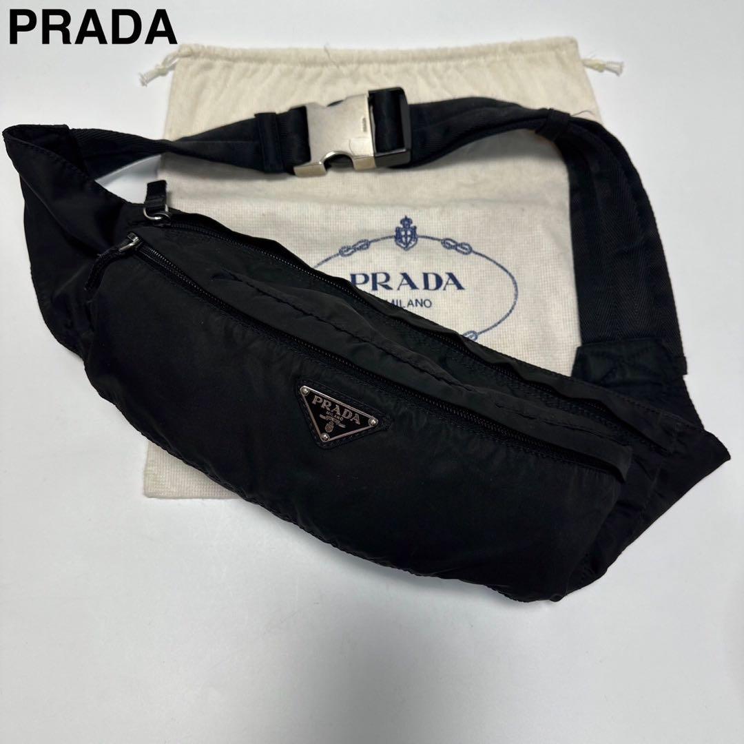 299【美品】プラダ　三角ロゴ　ナイロン　ブラック　ウエストポーチ　ショルダー.
