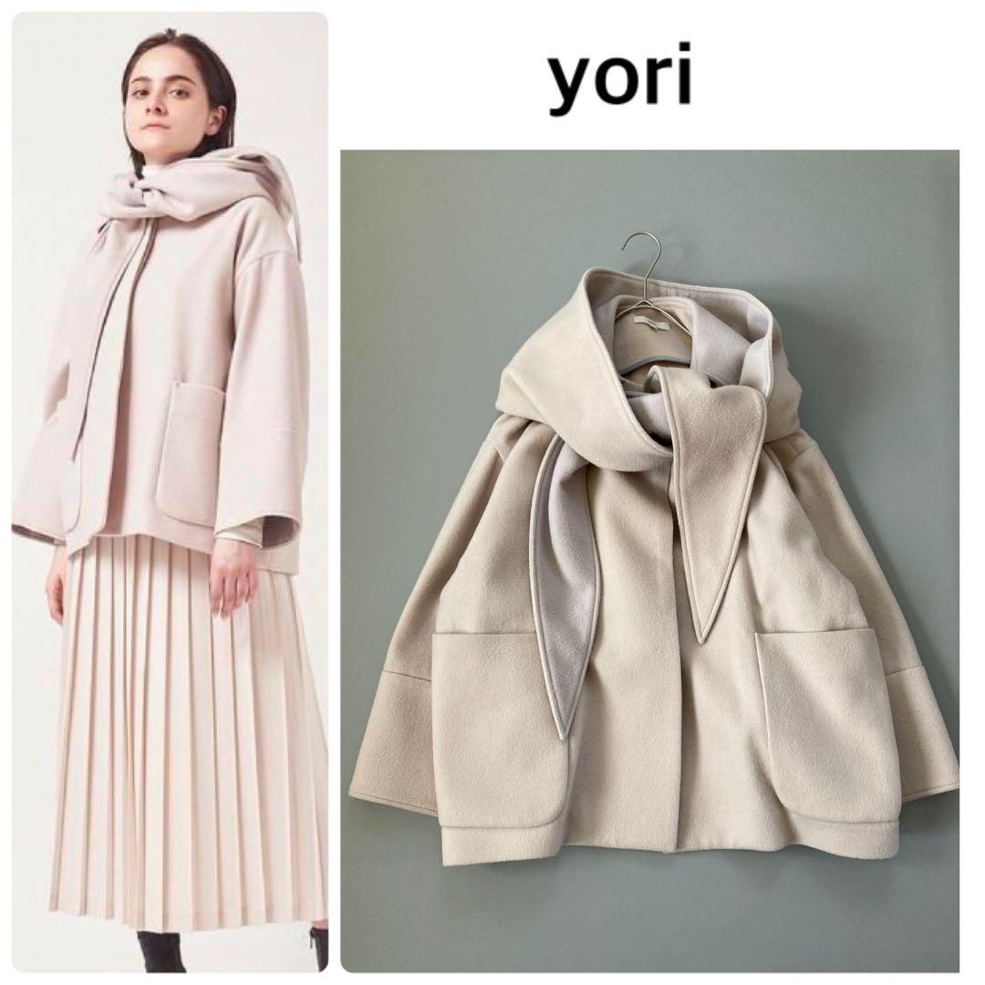 yori ヨリ　リボンフードショートコート　アイボリー　ピンク
