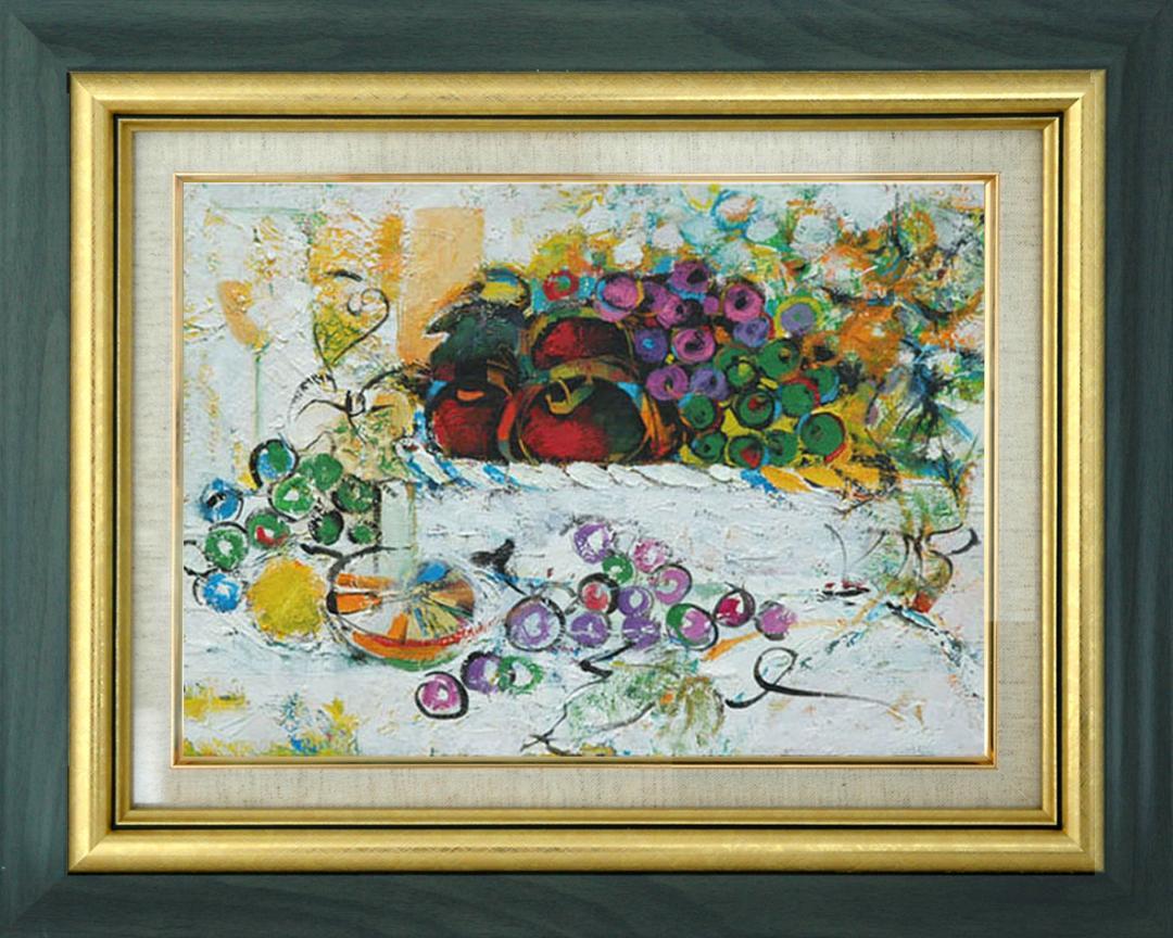 メルカリ絵画　絵 額付( 青緑＋金色の枠 )油絵uF6-060210 静物 果物