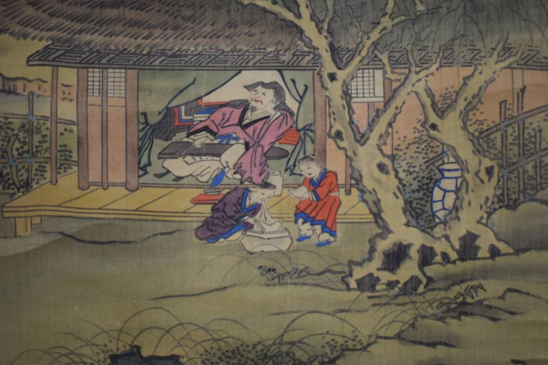 真作/谷文晁/蘭亭曲水/山水人物図/三福対/布袋屋掛軸HJ-263
