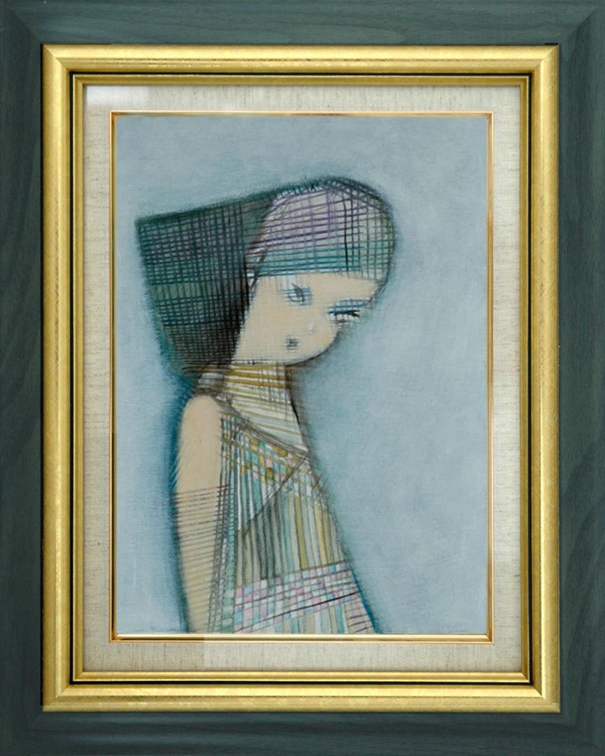 メルカリ絵画　絵　 額付 ( 青緑＋金色の枠)　油絵　F4-071312　女たち