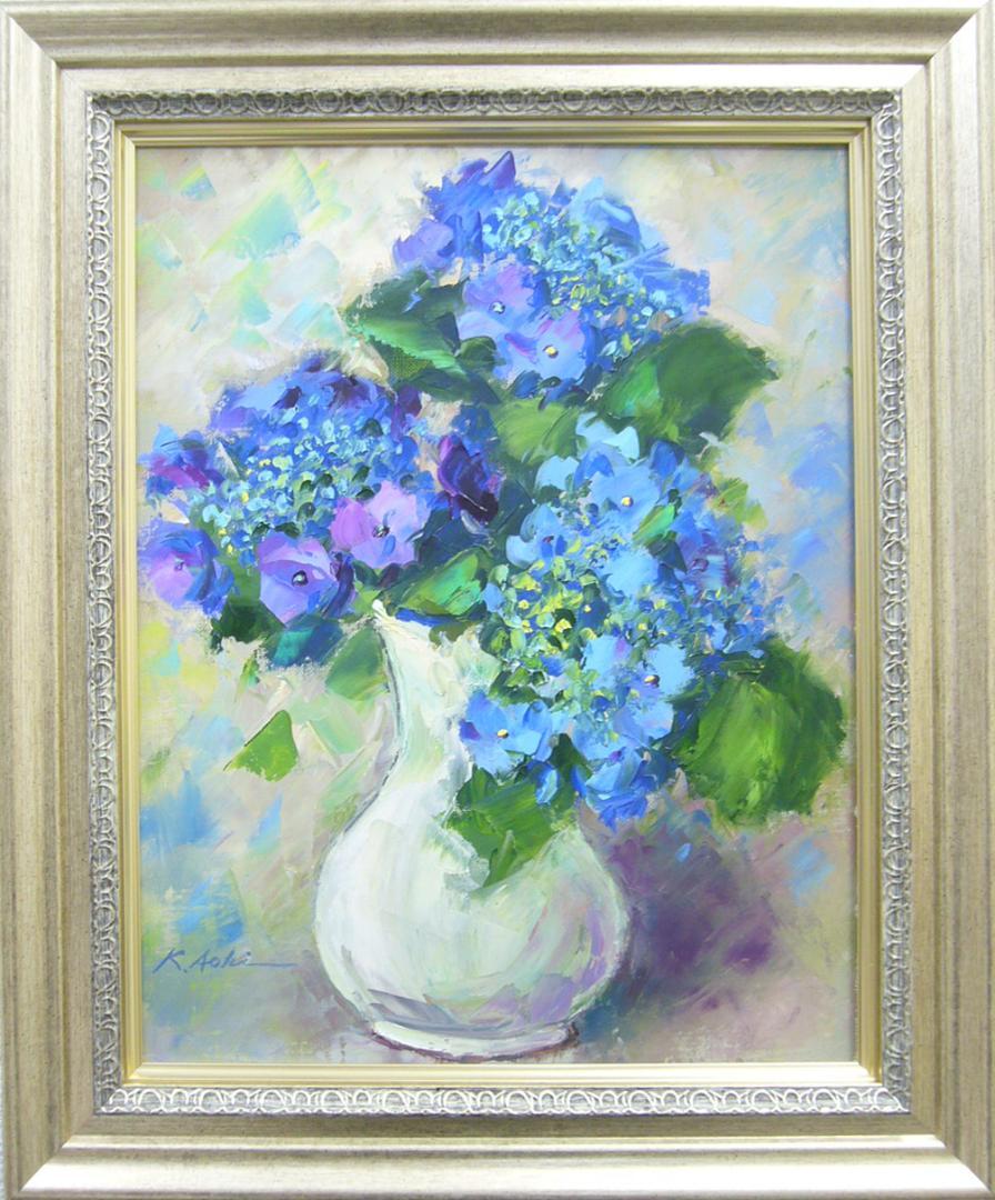青木今陽 絵画 油絵 肉筆油絵 雨の華 紫陽花