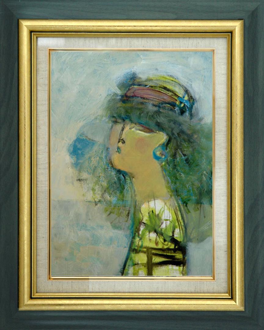 メルカリ絵画　絵  額付 ( 青緑＋金色の枠) 油絵 F4-052113　女たち