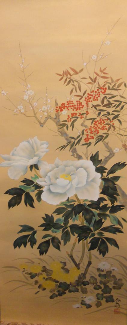 掛け軸 芳泉 四季草花 絹本 希少 軸装 茶道具 掛軸 美品 です。