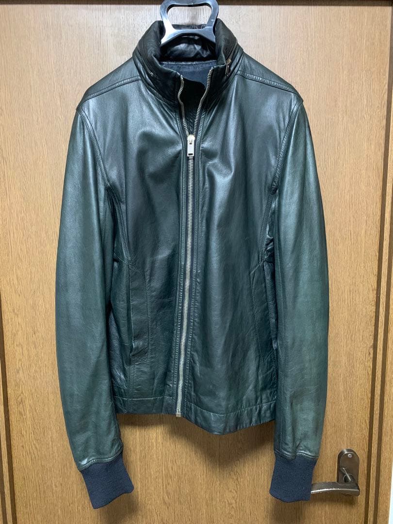 リックオウエンス　ファンネルネック パネルレザー ジャケット ブラック