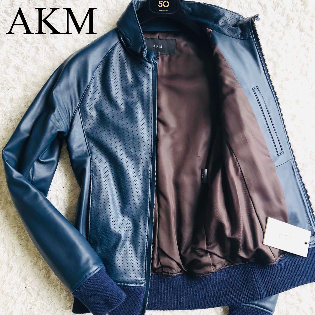 定価19万✨新品 AKM パンチングレザージャケット 最高級羊革 ネイビー L